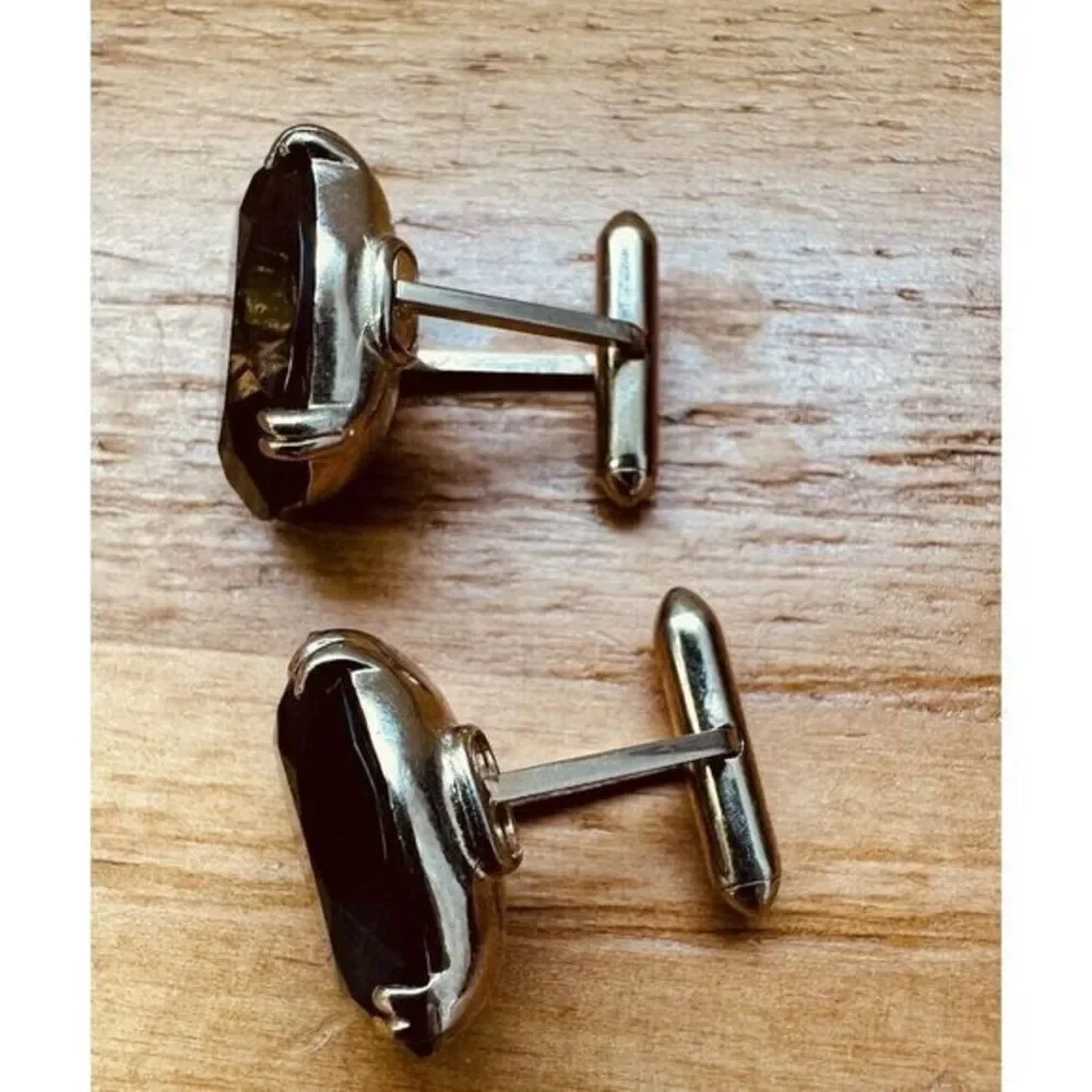 Smokey Quartz Cufflinks Unisex Domed Gold Toned Brown Faceted Oval Stone Vintage